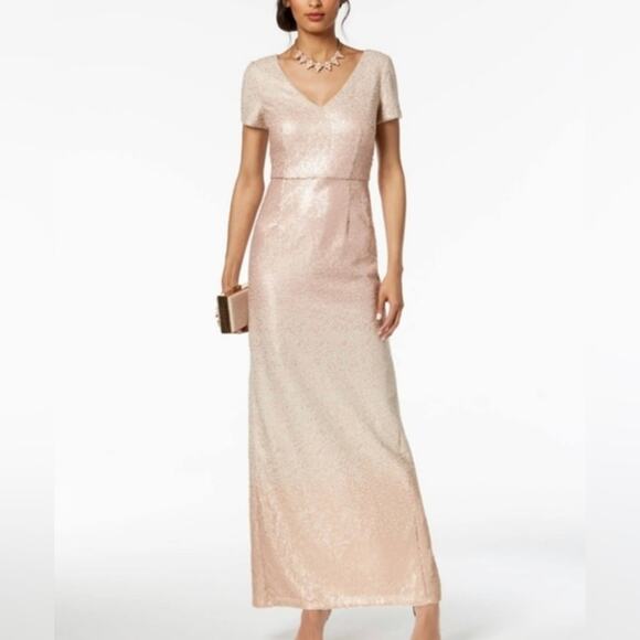 Adrianna Papell Ombre Sequin Column Gown Blush Ombre Short Sleeve V-Neck Size 2 - Picture 1 of 12